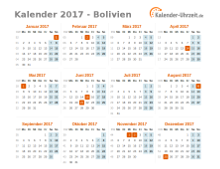 Kalender 2017 Bolivien mit Feiertagen zum Downloaden und Ausdrucken Kalender 2017 Bolivien mit Feiertagen
