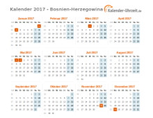Kalender 2017 Bosnien-Herzegowina mit Feiertagen zum Downloaden und Ausdrucken Kalender 2017 Bosnien-Herzegowina mit Feiertagen