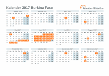 Kalender 2017 Burkina Faso mit Feiertagen zum Downloaden und Ausdrucken Kalender 2017 Burkina Faso mit Feiertagen