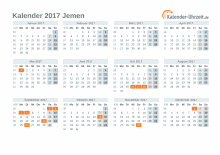 Kalender 2017 Jemen mit Feiertagen zum Downloaden und Ausdrucken Kalender 2017 Jemen mit Feiertagen
