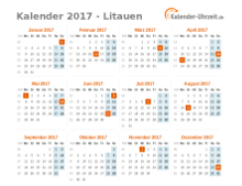 Kalender 2017 Litauen mit Feiertagen zum Downloaden und Ausdrucken Kalender 2017 Litauen mit Feiertagen