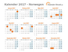 Kalender 2017 Norwegen mit Feiertagen