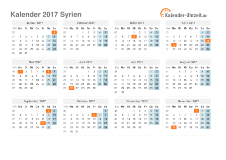 Kalender 2017 Syrien mit Feiertagen zum Downloaden und Ausdrucken Kalender 2017 Syrien mit Feiertagen