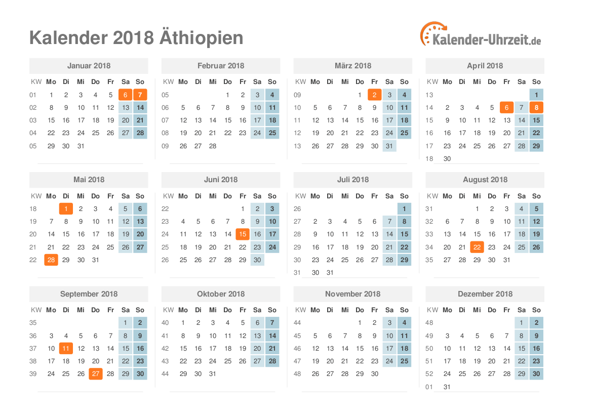 Kalender 2018 Äthiopien mit Feiertagen