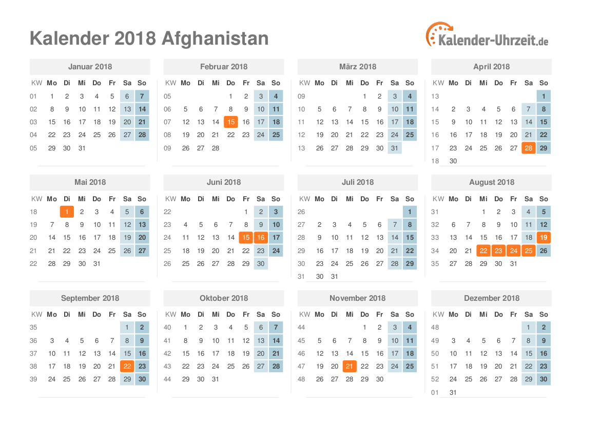 Feiertage 2018 Afghanistan - Kalender & Übersicht