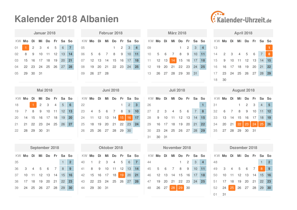 Kalender 2018 Albanien mit Feiertagen