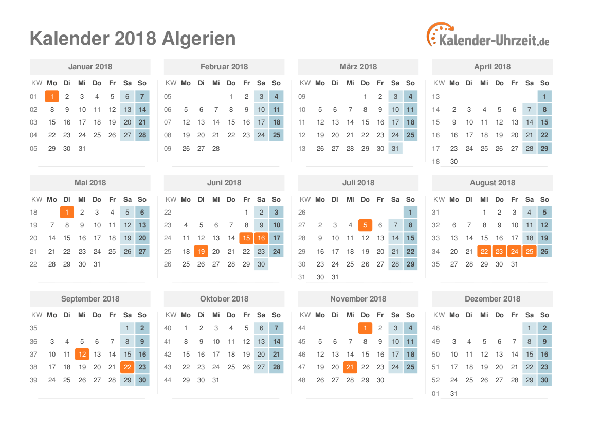 Kalender 2018 Algerien mit Feiertagen