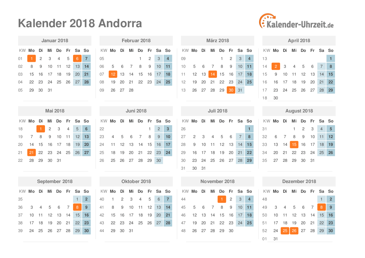Kalender 2018 Andorra mit Feiertagen zum Ausdrucken Kalender 2018 Andorra mit Feiertagen