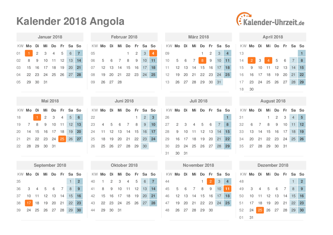 Kalender 2018 Angola mit Feiertagen
