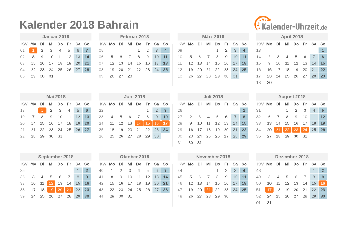 Kalender 2018 Bahrain mit Feiertagen zum Ausdrucken Kalender 2018 Bahrain mit Feiertagen