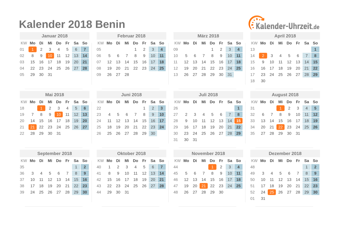 Kalender 2018 Benin mit Feiertagen
