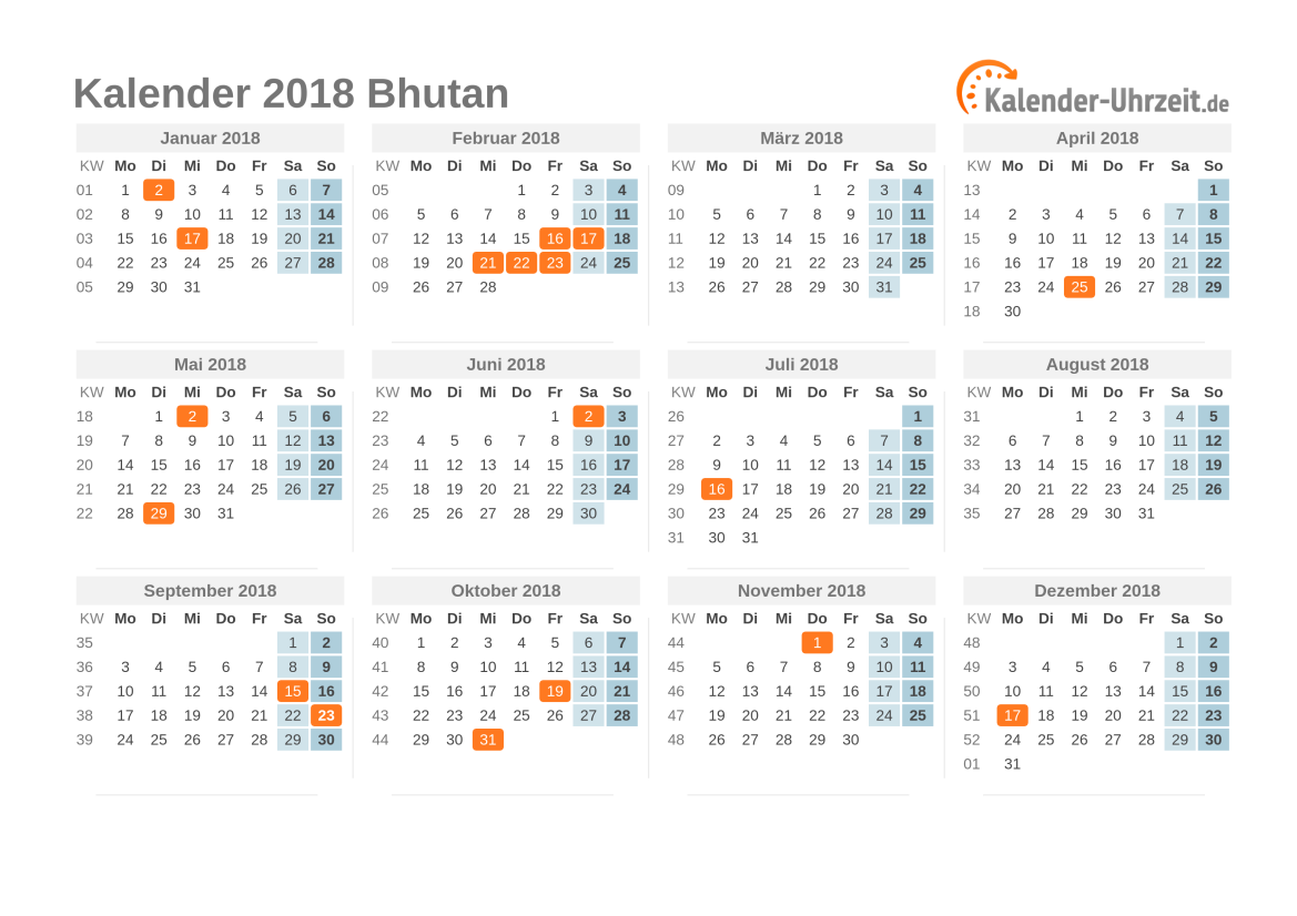 Kalender 2018 Bhutan mit Feiertagen zum Ausdrucken Kalender 2018 Bhutan mit Feiertagen
