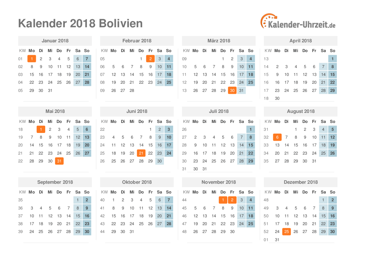 Kalender 2018 Bolivien mit Feiertagen zum Ausdrucken Kalender 2018 Bolivien mit Feiertagen