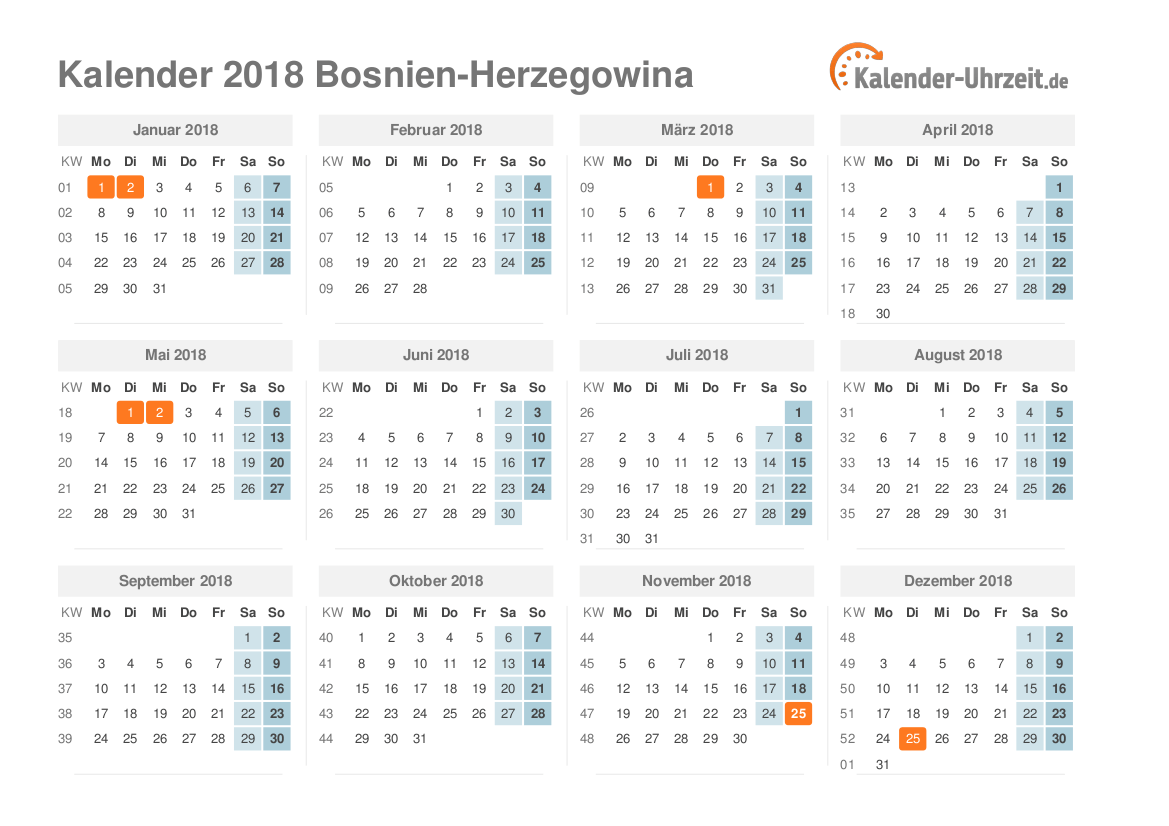 Kalender 2018 Bosnien-Herzegowina mit Feiertagen zum Ausdrucken Kalender 2018 Bosnien-Herzegowina mit Feiertagen