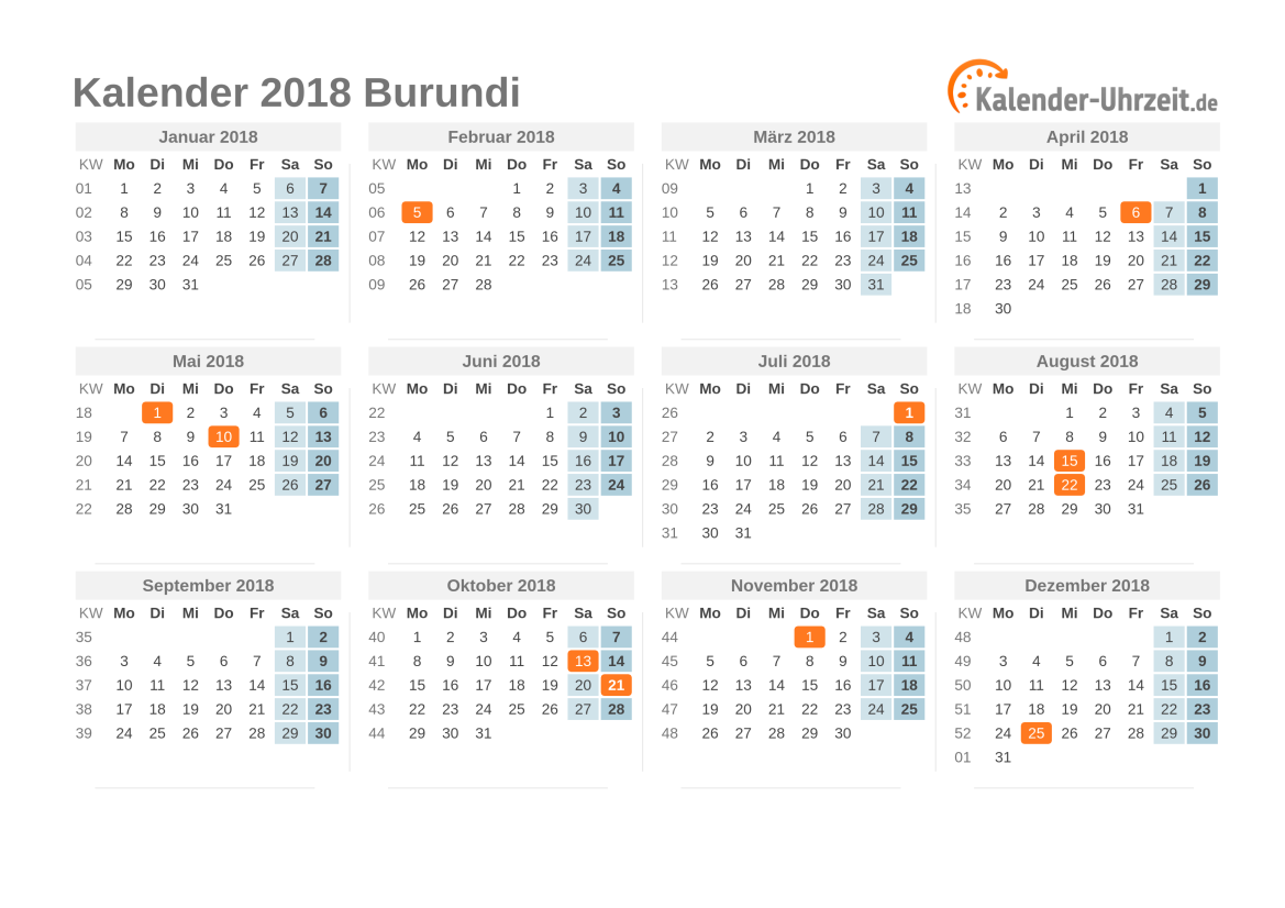 Kalender 2018 Burundi mit Feiertagen
