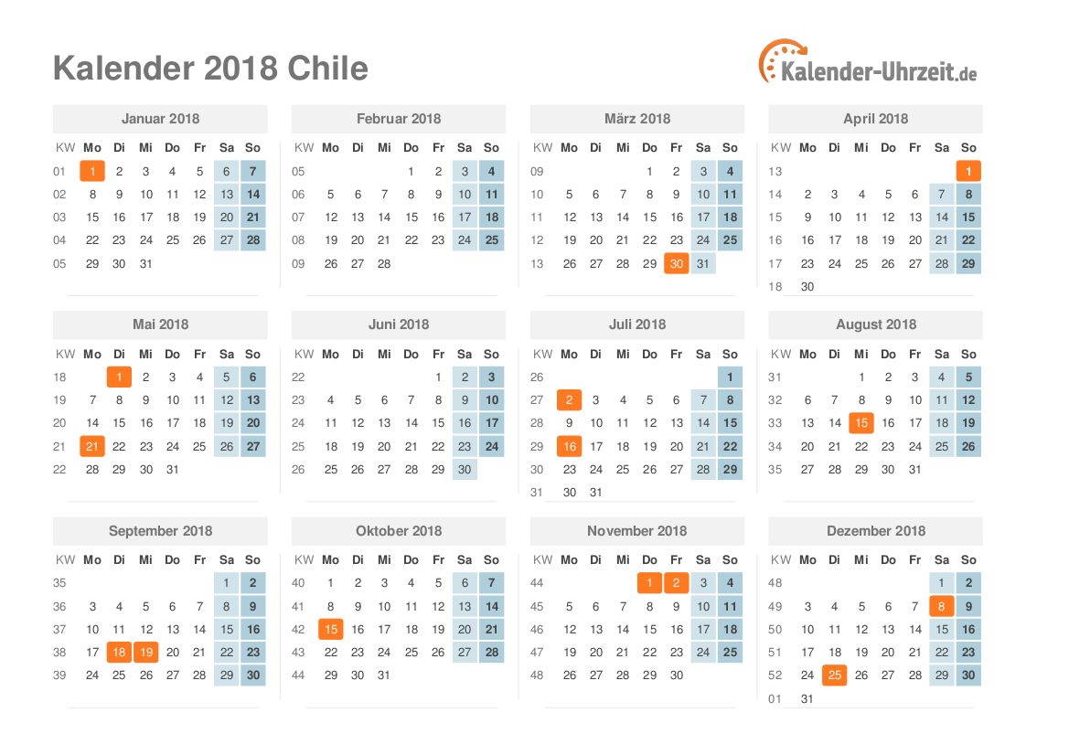 Kalender 2018 Chile mit Feiertagen zum Ausdrucken Kalender 2018 Chile mit Feiertagen