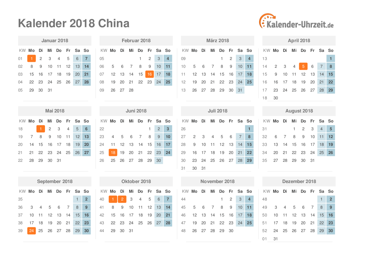 Kalender 2018 China mit Feiertagen zum Ausdrucken Kalender 2018 China mit Feiertagen
