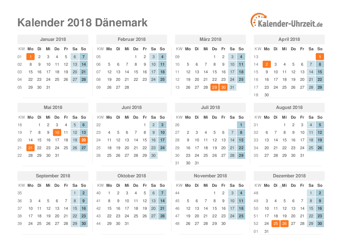 Kalender 2018 Dänemark mit Feiertagen
