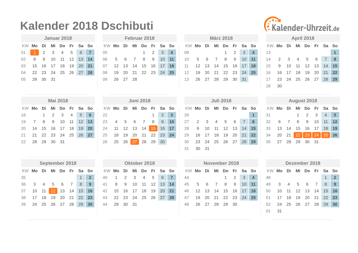 Kalender 2018 Dschibuti mit Feiertagen