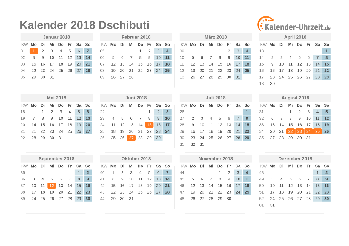 Kalender 2018 Dschibuti mit Feiertagen zum Ausdrucken Kalender 2018 Dschibuti mit Feiertagen