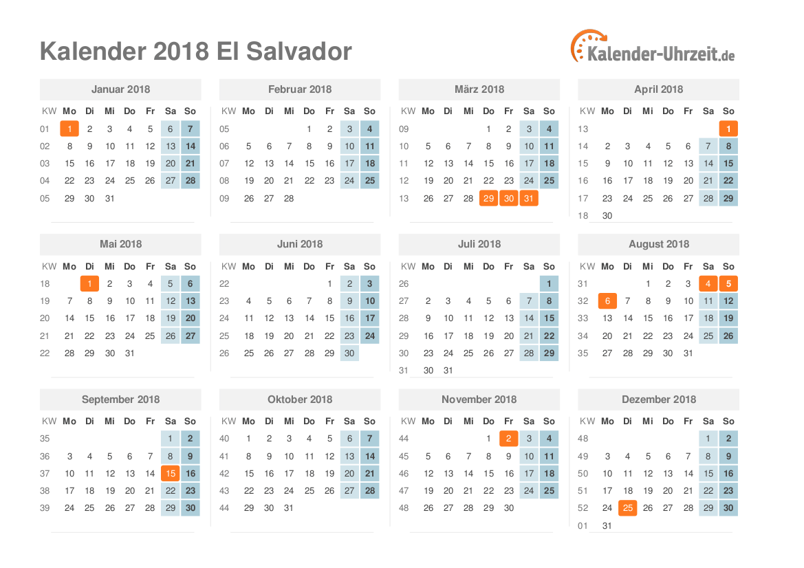 Kalender 2018 El Salvador mit Feiertagen zum Ausdrucken Kalender 2018 El Salvador mit Feiertagen