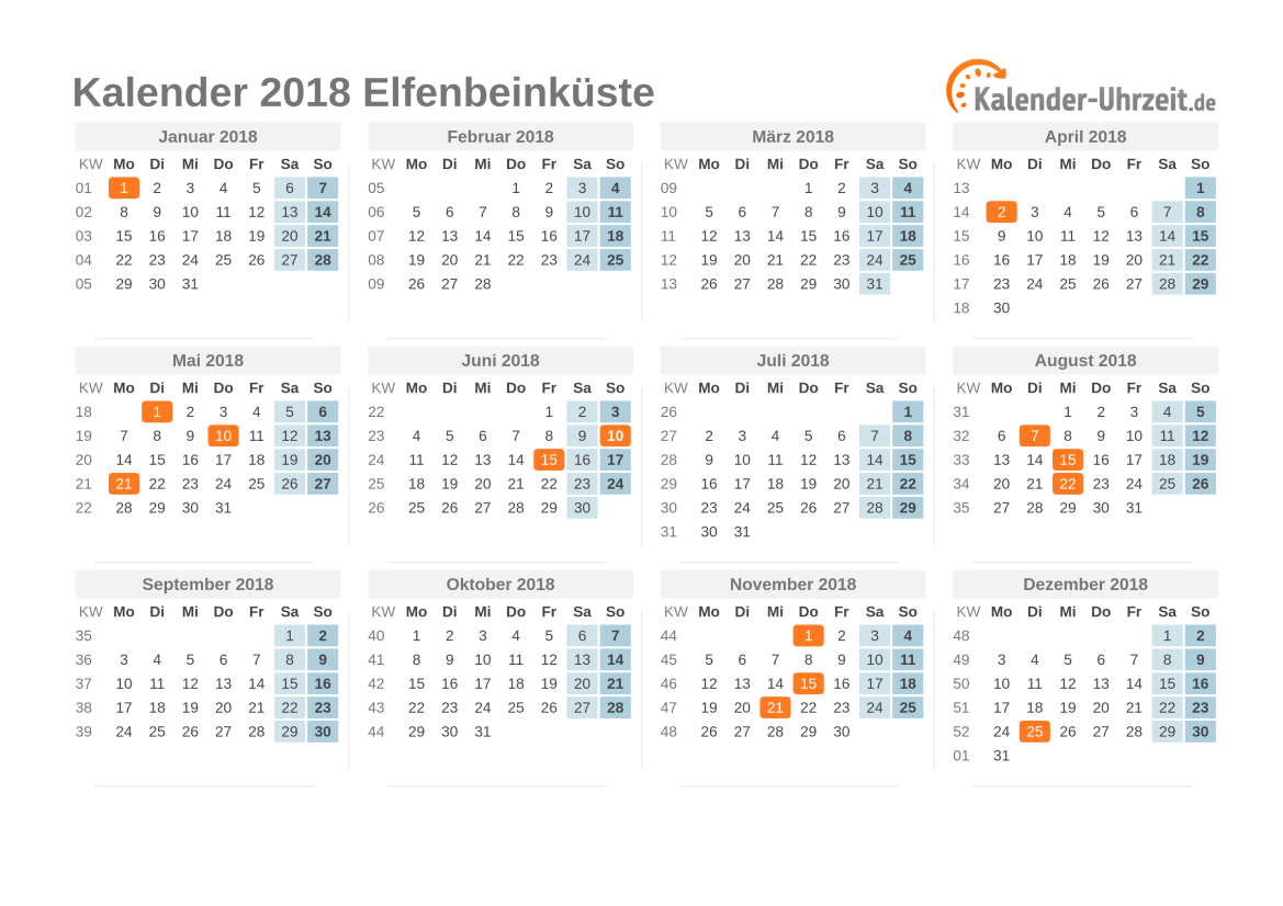 Kalender 2018 Elfenbeinküste mit Feiertagen zum Ausdrucken Kalender 2018 Elfenbeinküste mit Feiertagen
