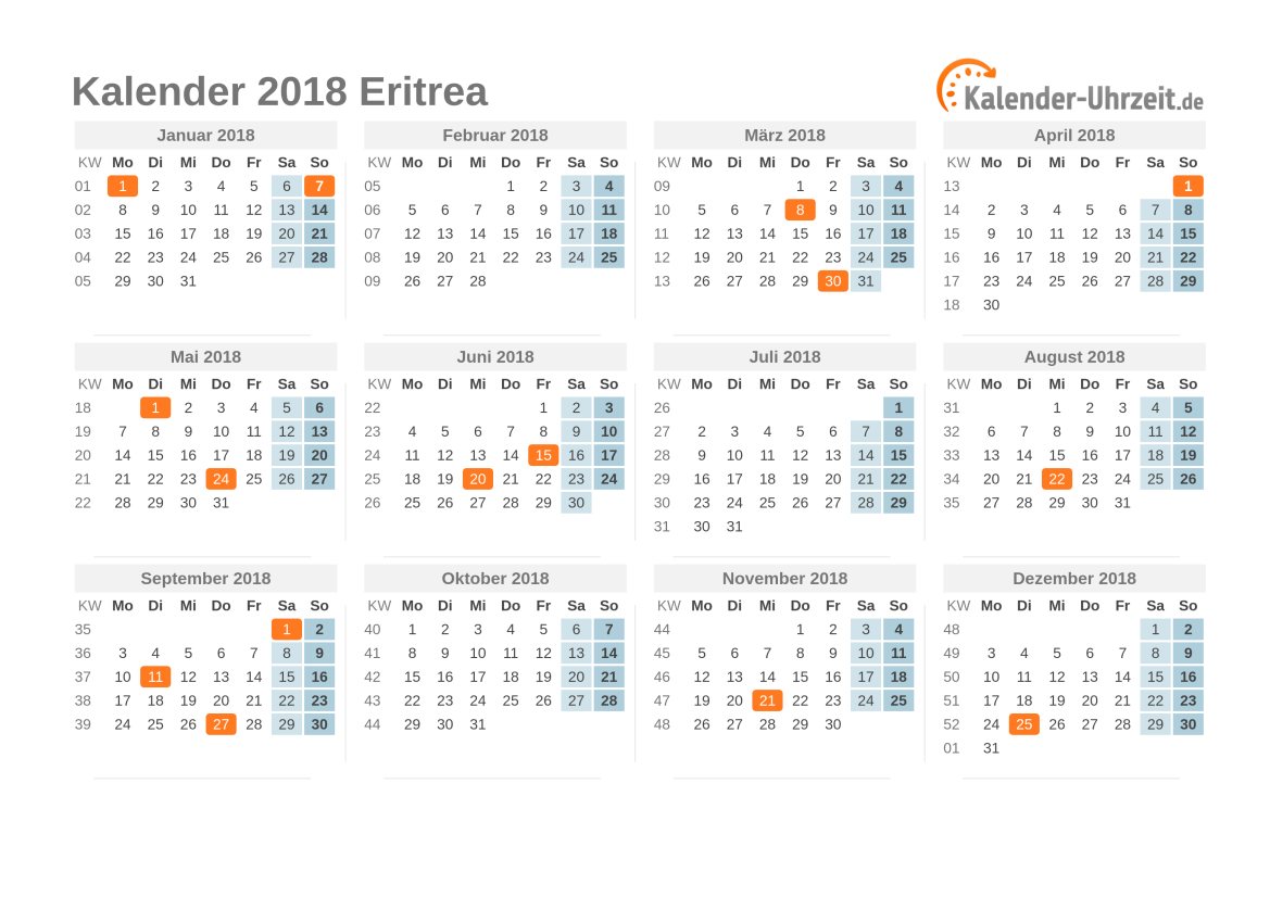 Kalender 2018 Eritrea mit Feiertagen zum Ausdrucken Kalender 2018 Eritrea mit Feiertagen