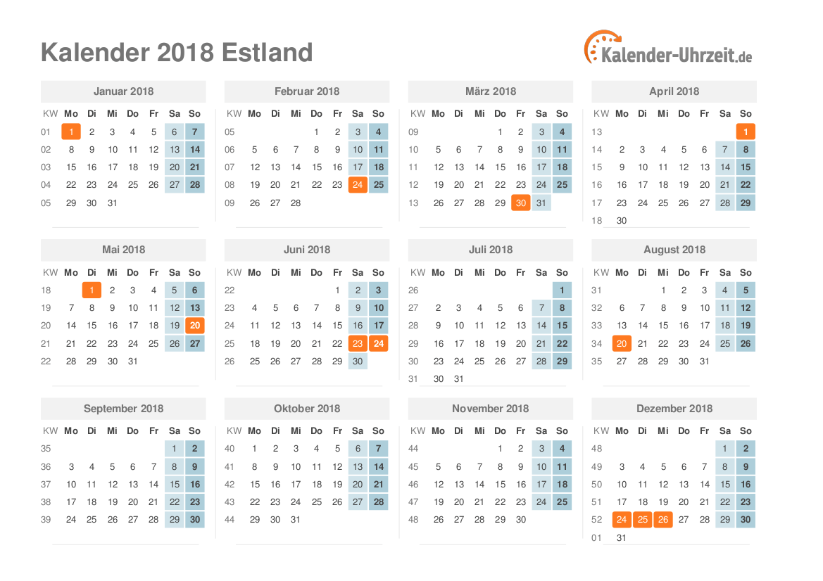 Kalender 2018 Estland mit Feiertagen zum Ausdrucken Kalender 2018 Estland mit Feiertagen