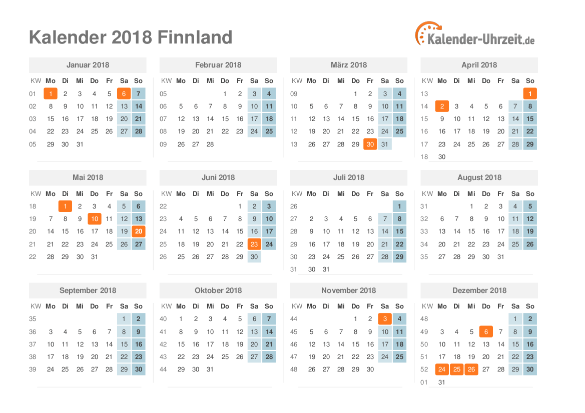 Kalender 2018 Finnland mit Feiertagen