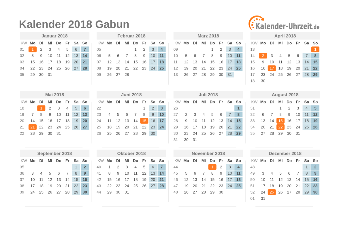 Kalender 2018 Gabun mit Feiertagen zum Ausdrucken Kalender 2018 Gabun mit Feiertagen