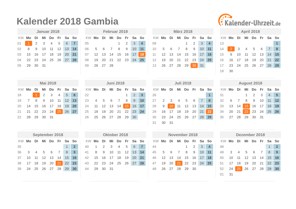 Kalender 2018 Gambia mit Feiertagen