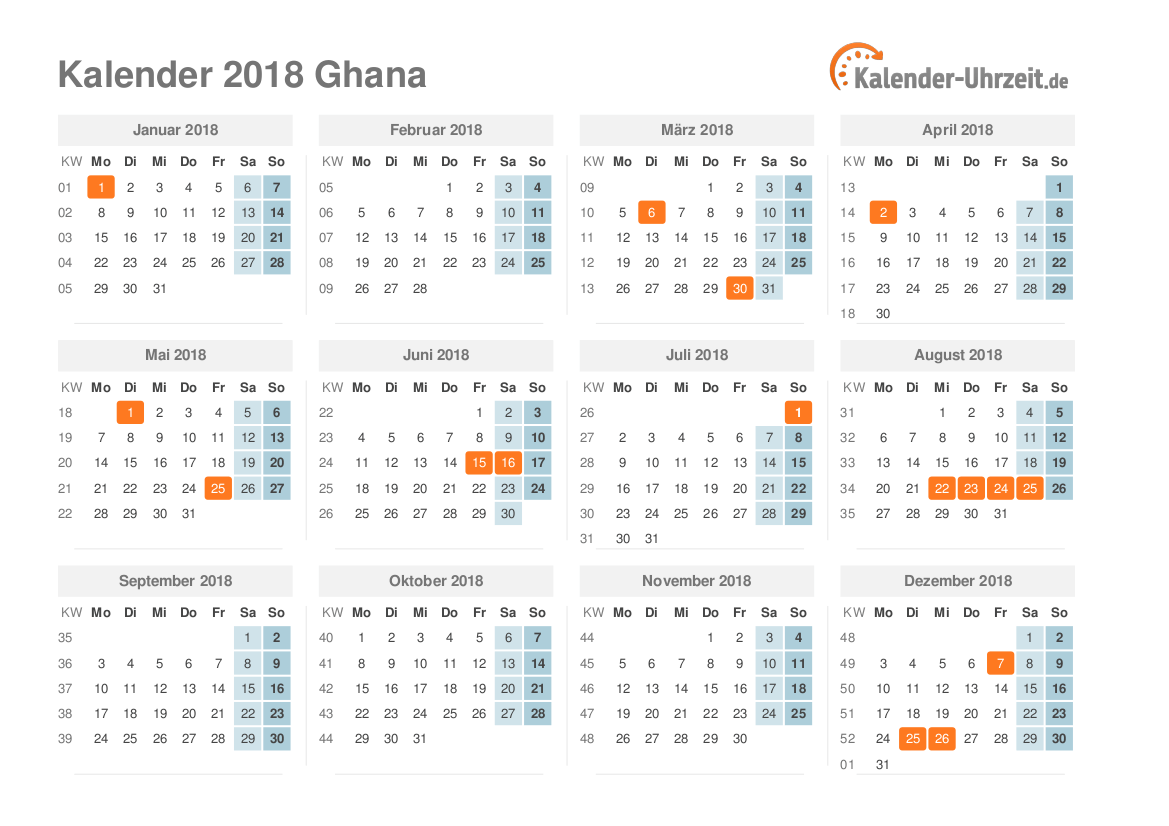Kalender 2018 Ghana mit Feiertagen zum Ausdrucken Kalender 2018 Ghana mit Feiertagen