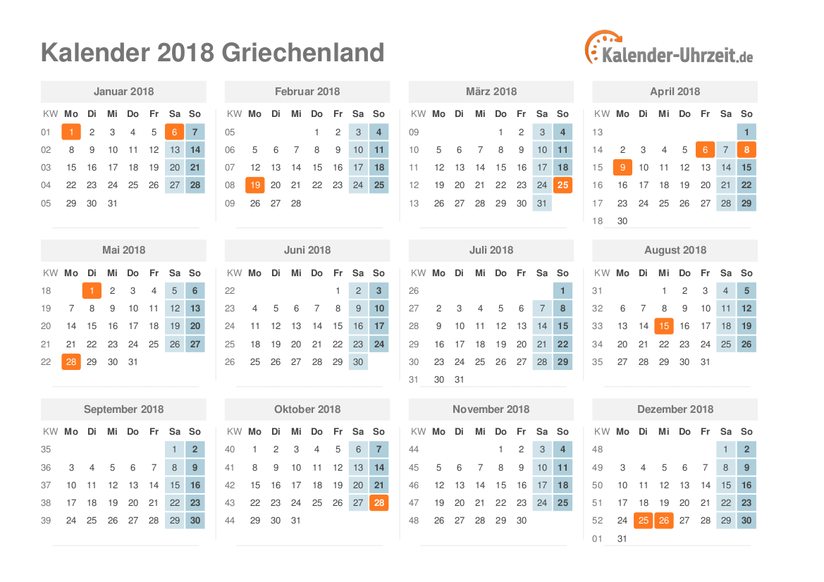 Kalender 2018 Griechenland mit Feiertagen zum Ausdrucken Kalender 2018 Griechenland mit Feiertagen