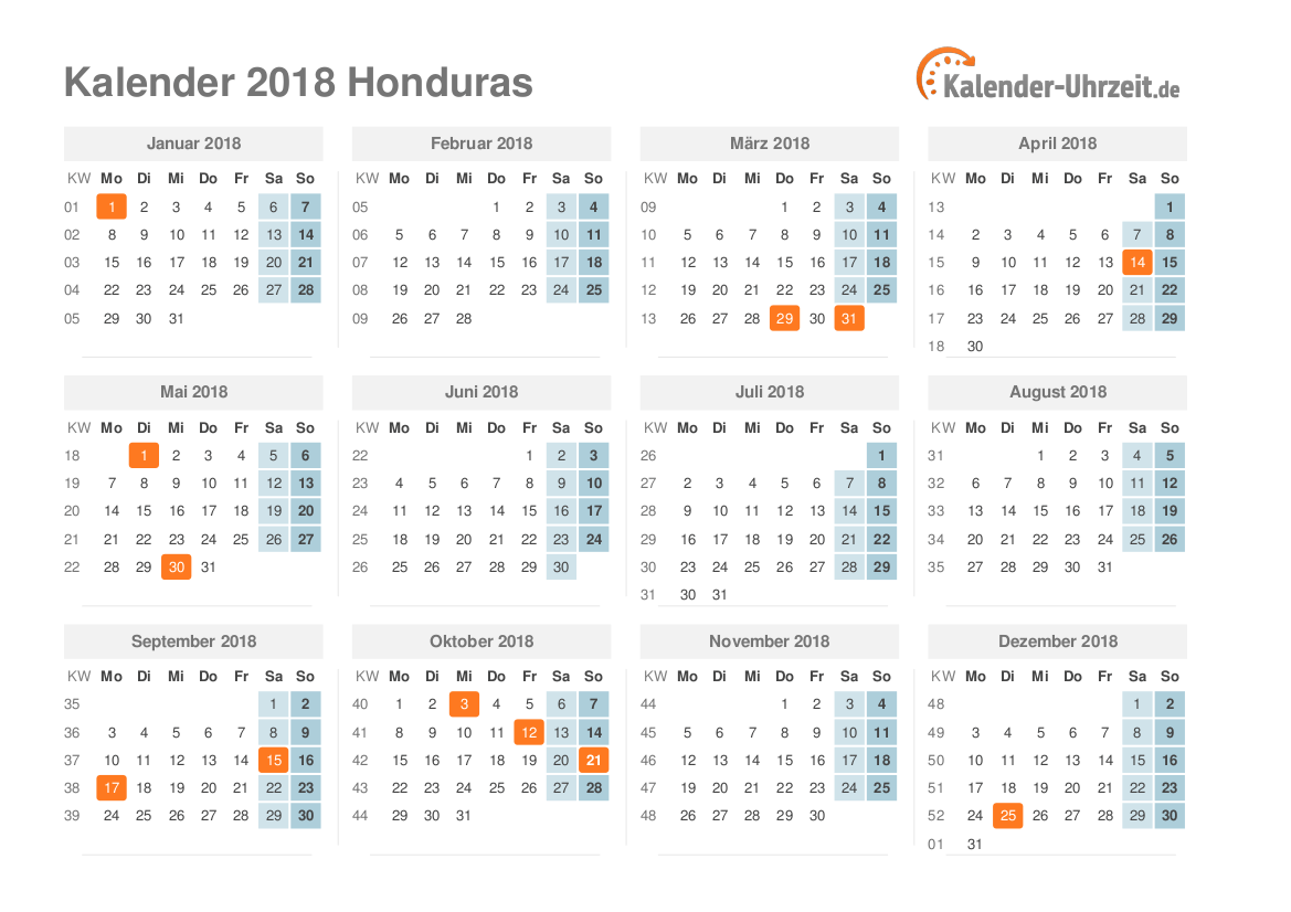 Kalender 2018 Honduras mit Feiertagen
