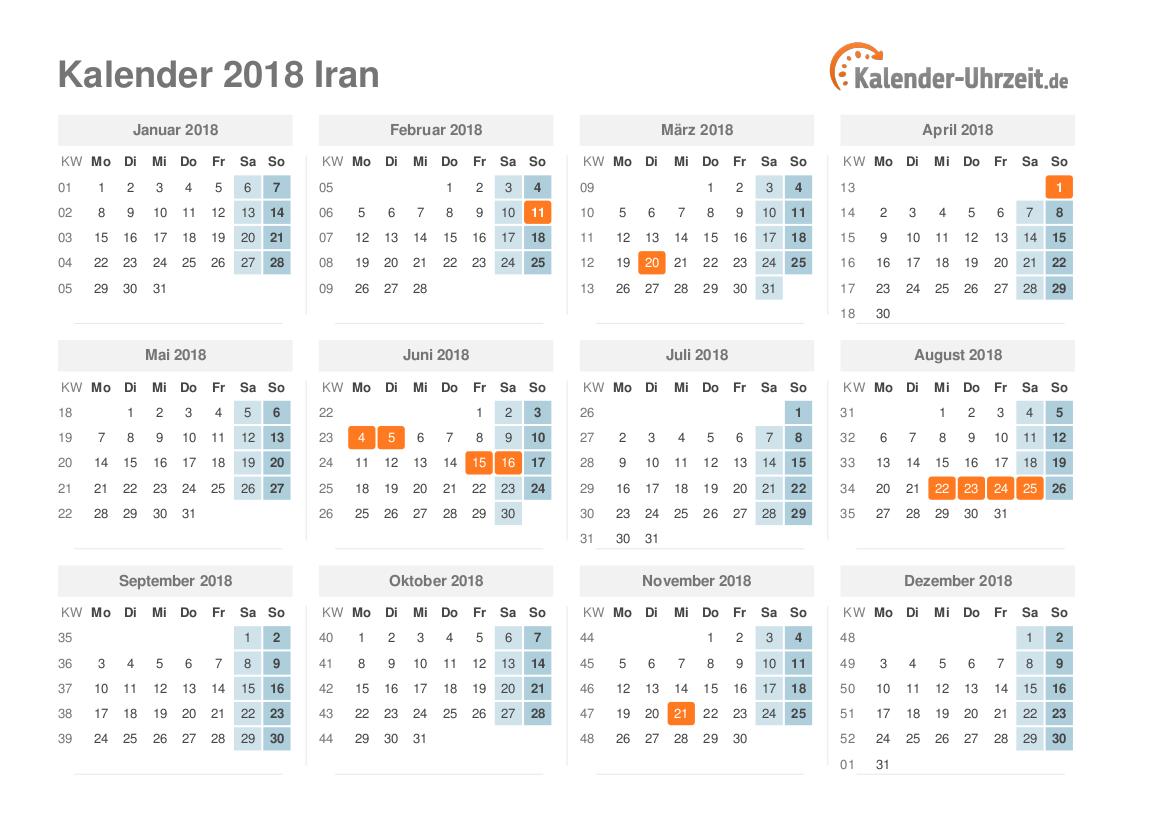 Kalender 2018 Iran mit Feiertagen zum Ausdrucken Kalender 2018 Iran mit Feiertagen