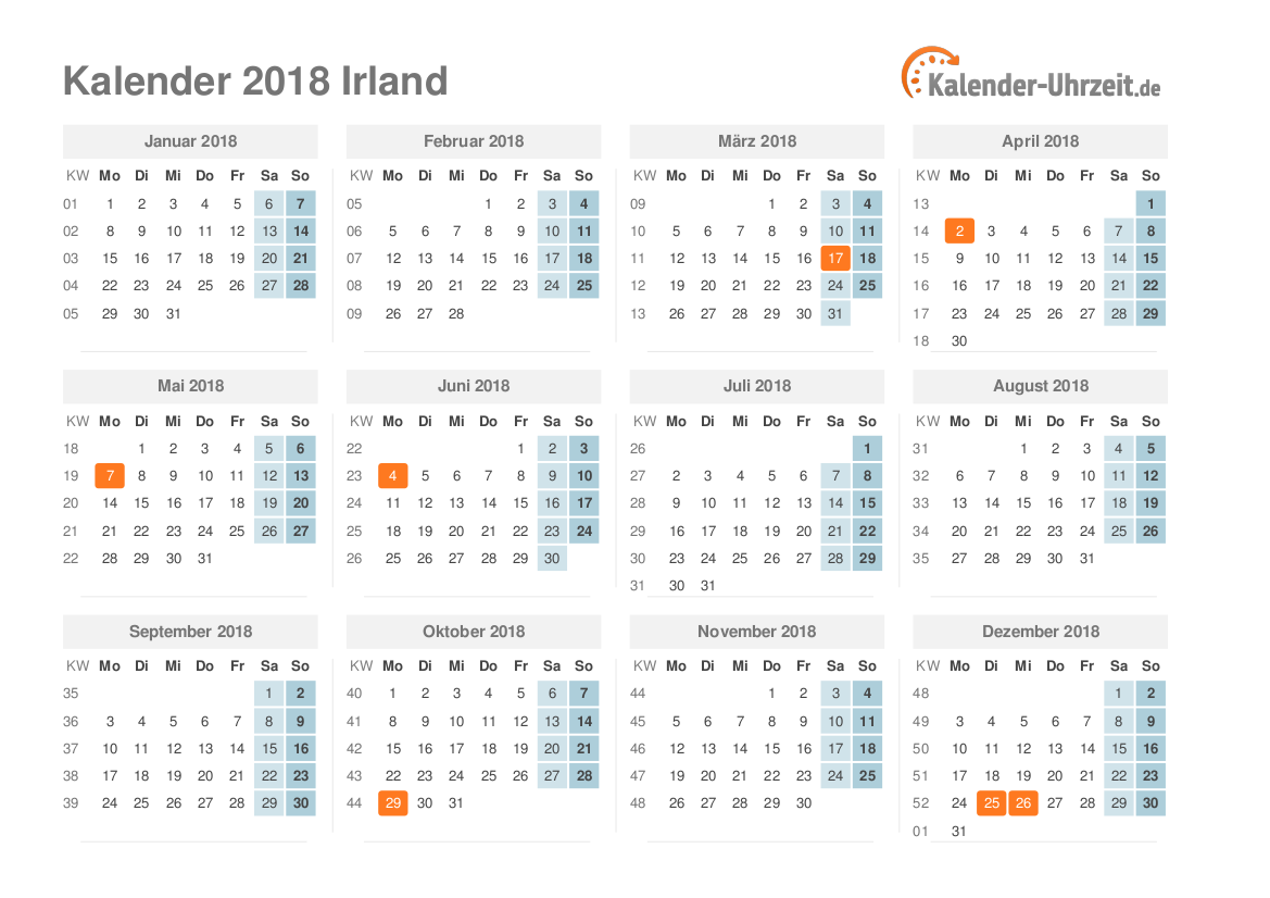 Kalender 2018 Irland mit Feiertagen