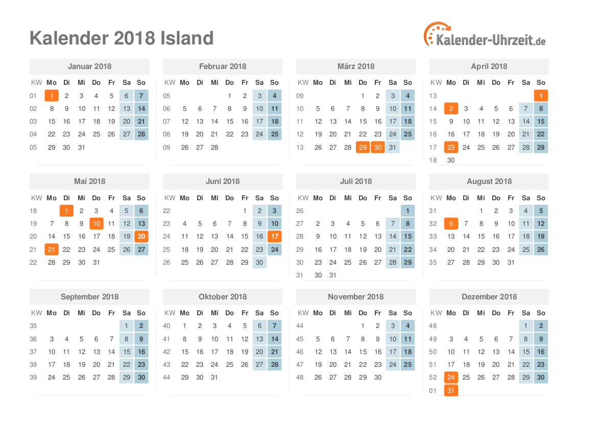 Kalender 2018 Island mit Feiertagen zum Ausdrucken Kalender 2018 Island mit Feiertagen