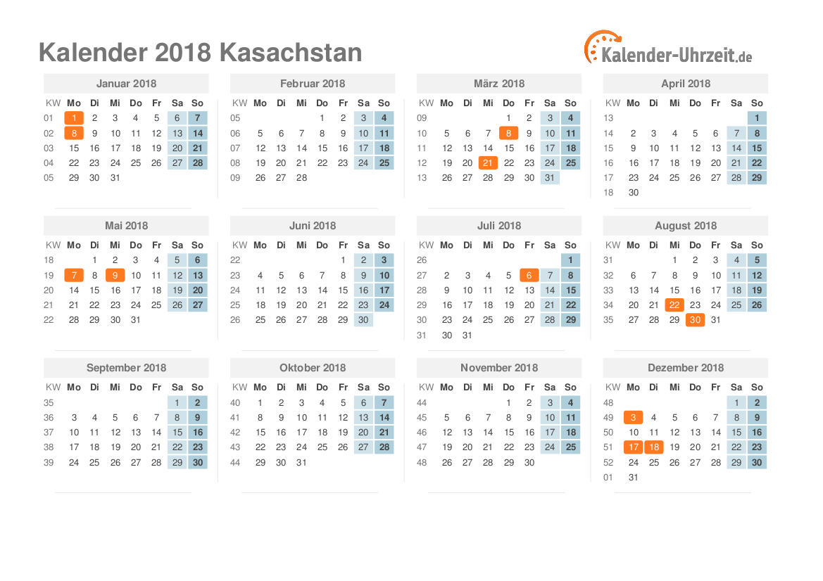 Kalender 2018 Kasachstan mit Feiertagen zum Ausdrucken Kalender 2018 Kasachstan mit Feiertagen