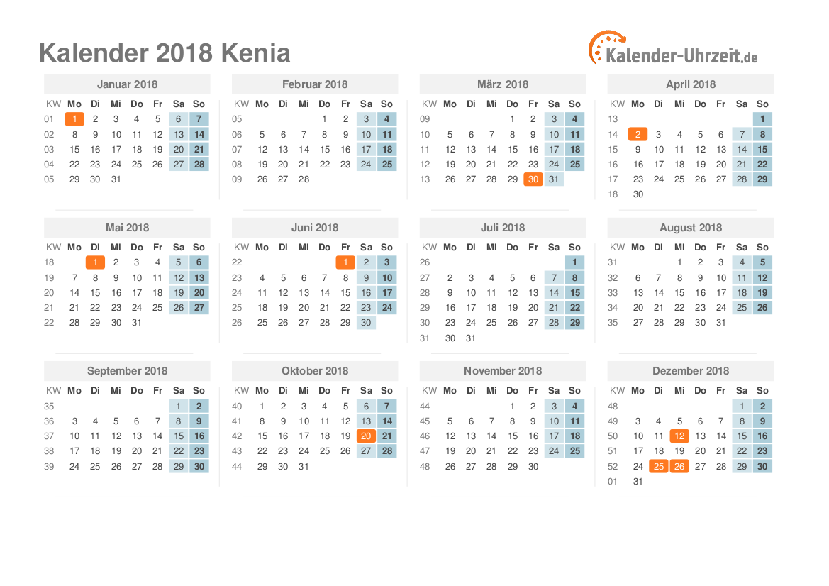 Kalender 2018 Kenia mit Feiertagen