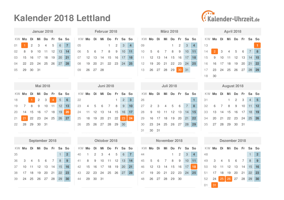 Kalender 2018 Lettland mit Feiertagen zum Ausdrucken Kalender 2018 Lettland mit Feiertagen