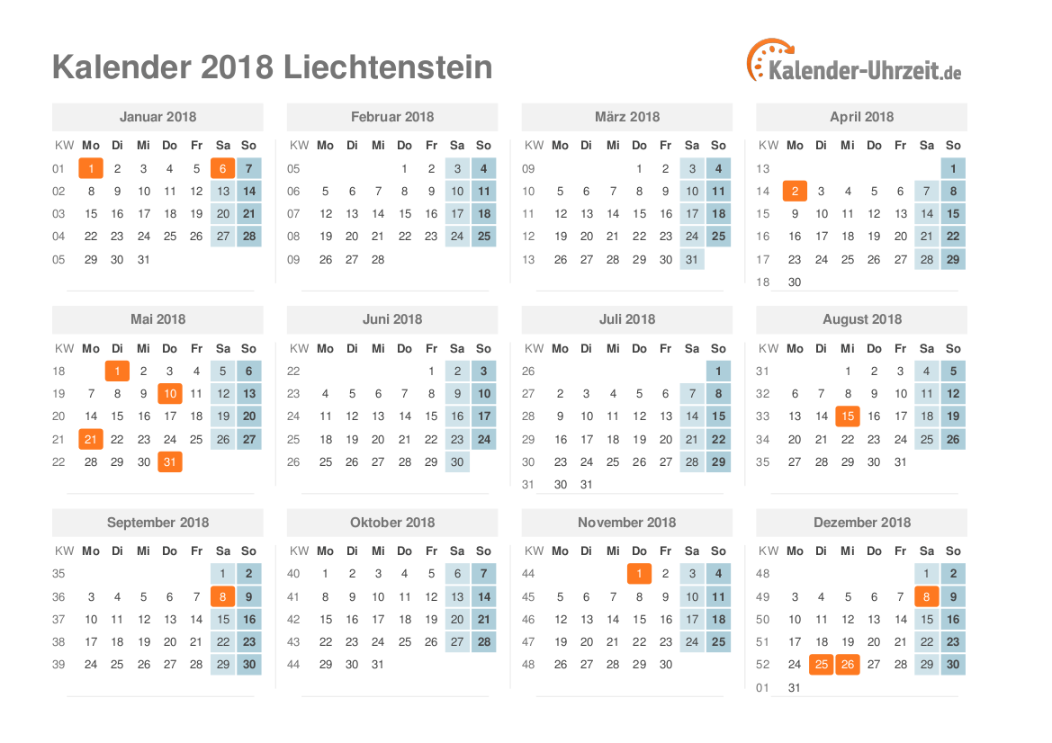 Kalender 2018 Liechtenstein mit Feiertagen