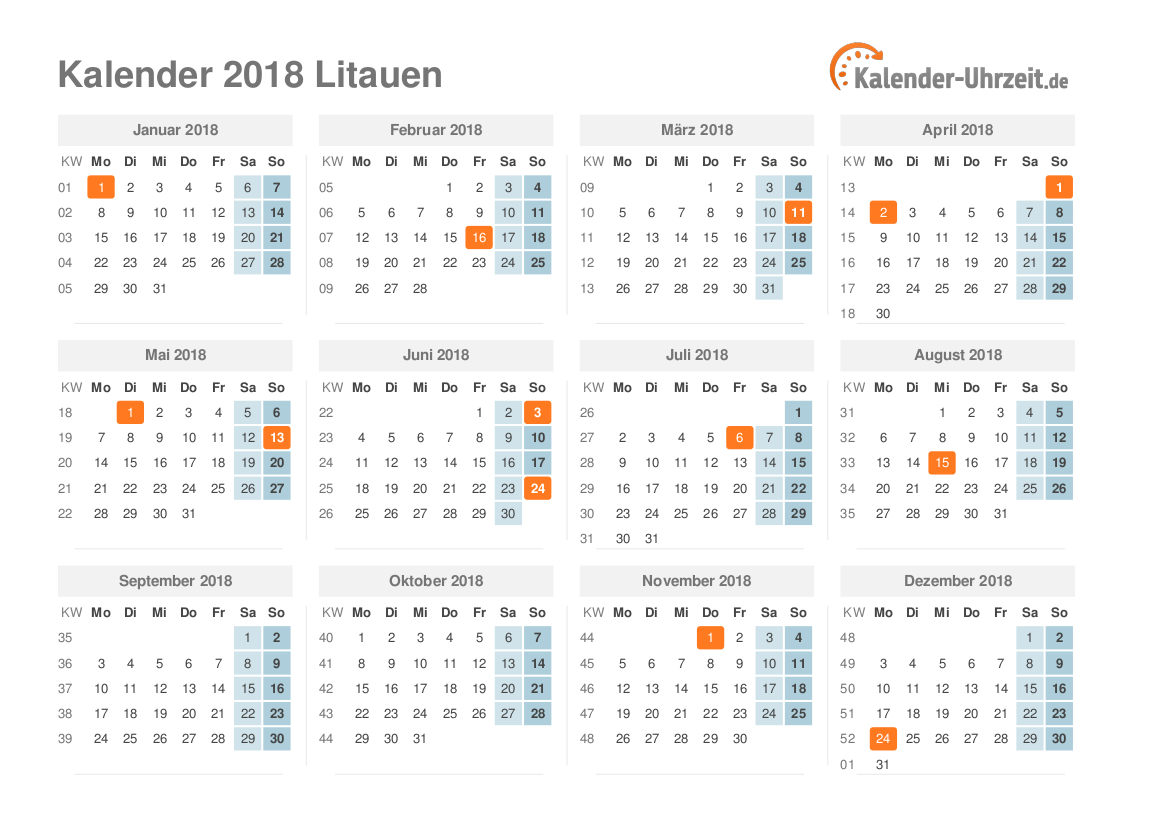 Kalender 2018 Litauen mit Feiertagen