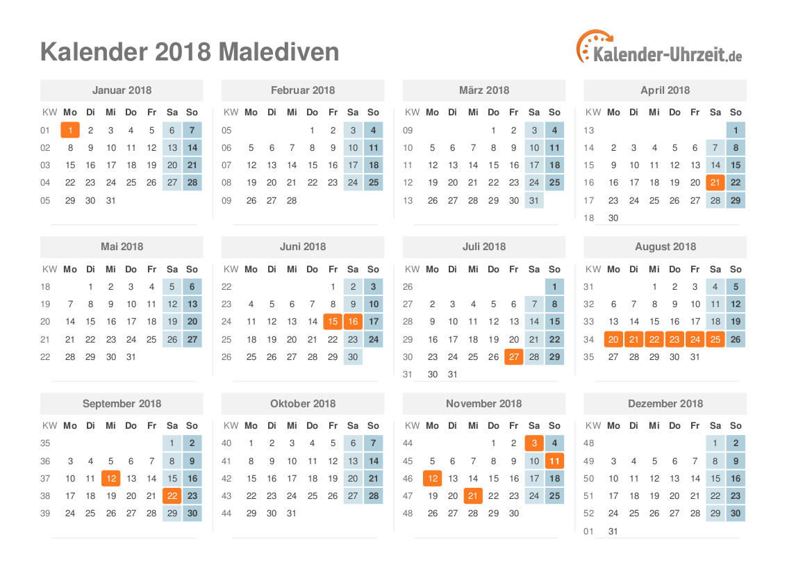 Kalender 2018 Malediven mit Feiertagen zum Ausdrucken Kalender 2018 Malediven mit Feiertagen