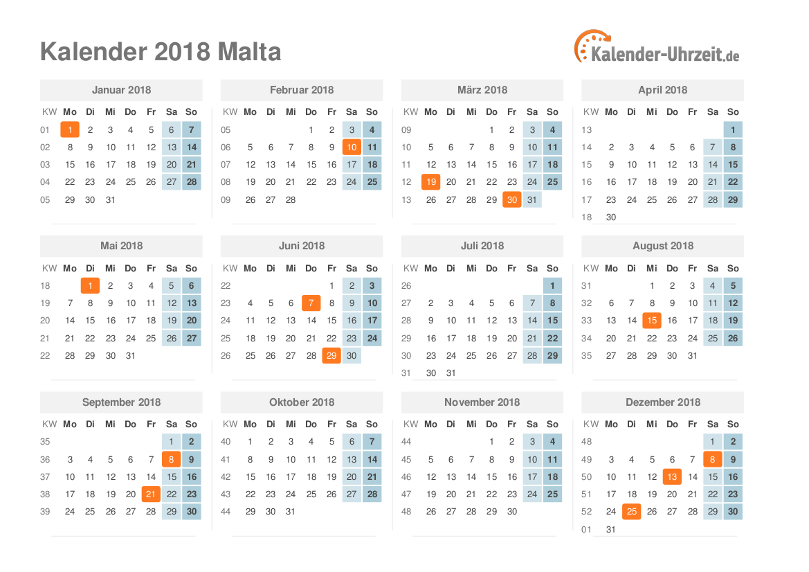 Kalender 2018 Malta mit Feiertagen zum Ausdrucken Kalender 2018 Malta mit Feiertagen
