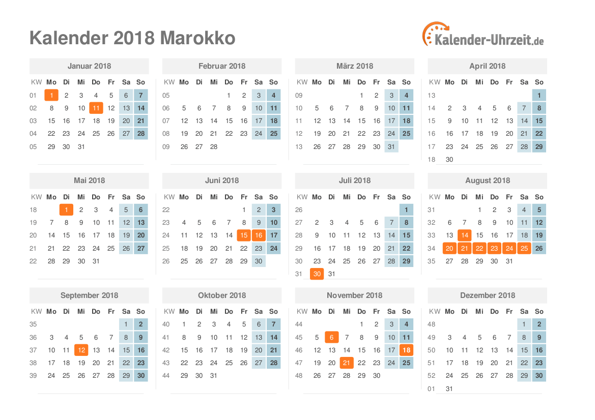 Kalender 2018 Marokko mit Feiertagen zum Ausdrucken Kalender 2018 Marokko mit Feiertagen
