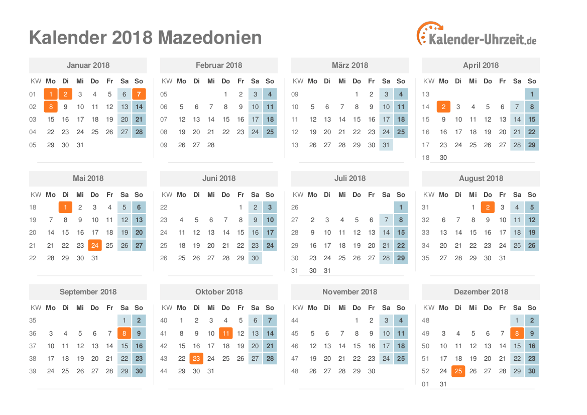 Kalender 2018 Mazedonien mit Feiertagen zum Ausdrucken Kalender 2018 Mazedonien mit Feiertagen