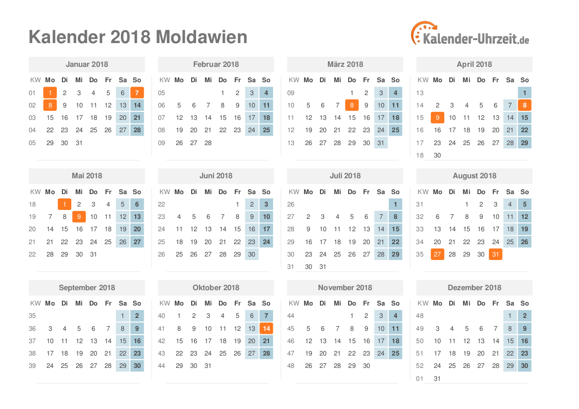 Kalender 2018 Moldawien mit Feiertagen
