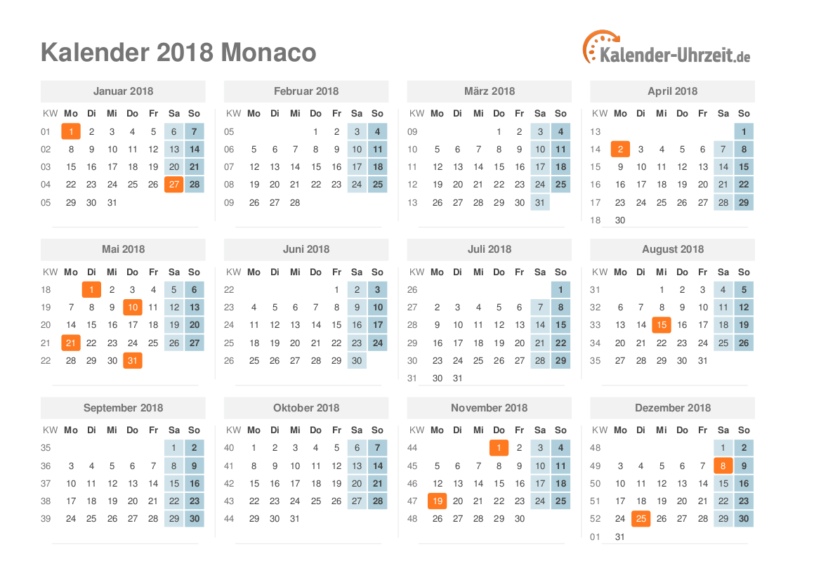 Kalender 2018 Monaco mit Feiertagen