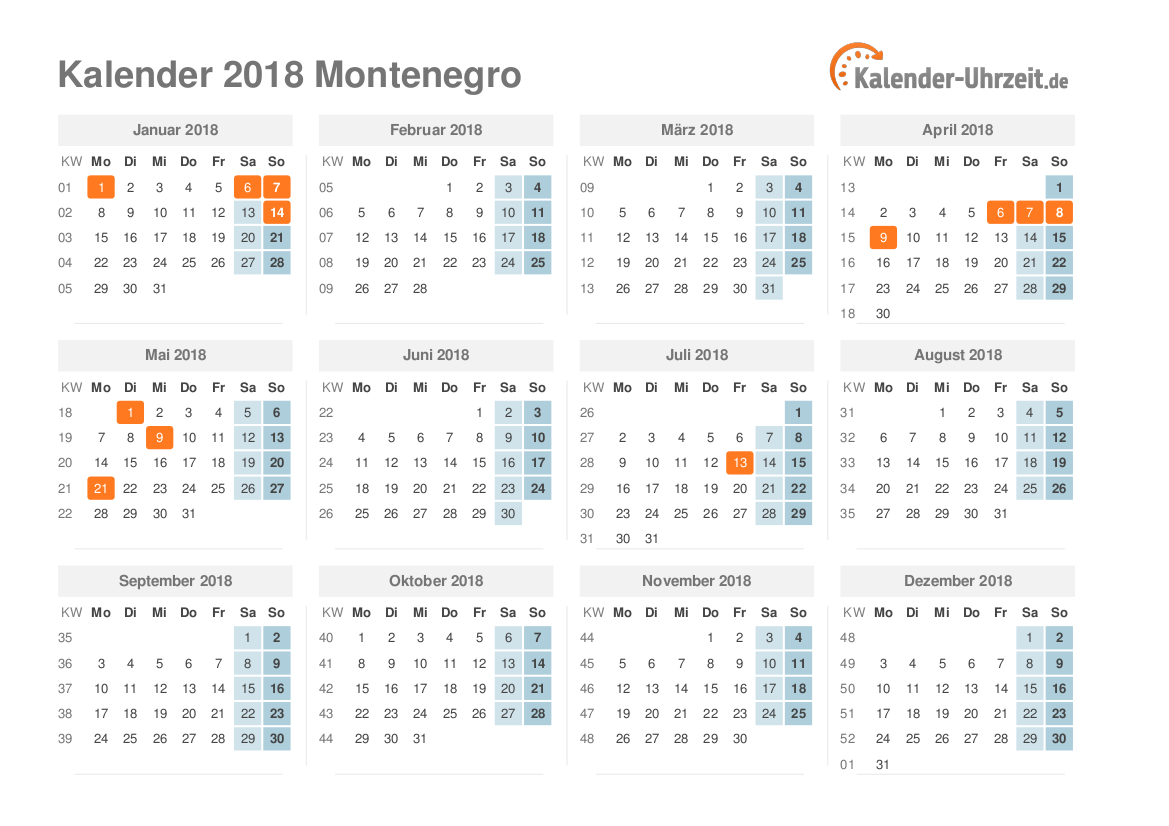 Kalender 2018 Montenegro mit Feiertagen