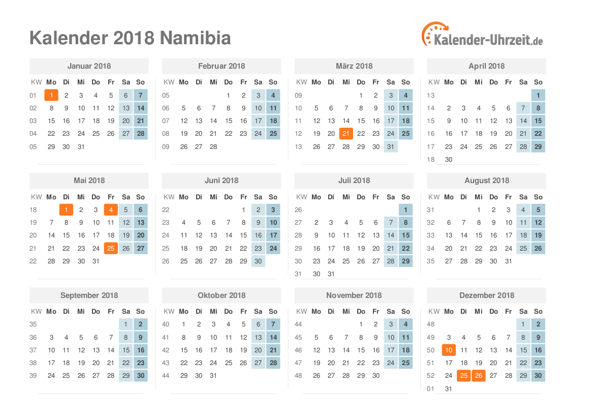 Kalender 2018 Namibia mit Feiertagen